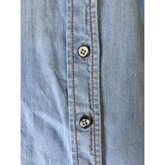 7 For All Mankind Womens Shirt Size Small Chambray Linen Blend Blue Embroidered - Picture 8 of 11